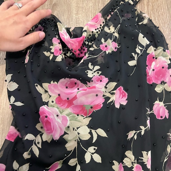 Vintage fairy core asymmetrical strap and hem black with pink floral midi dress - Picture 5 of 10